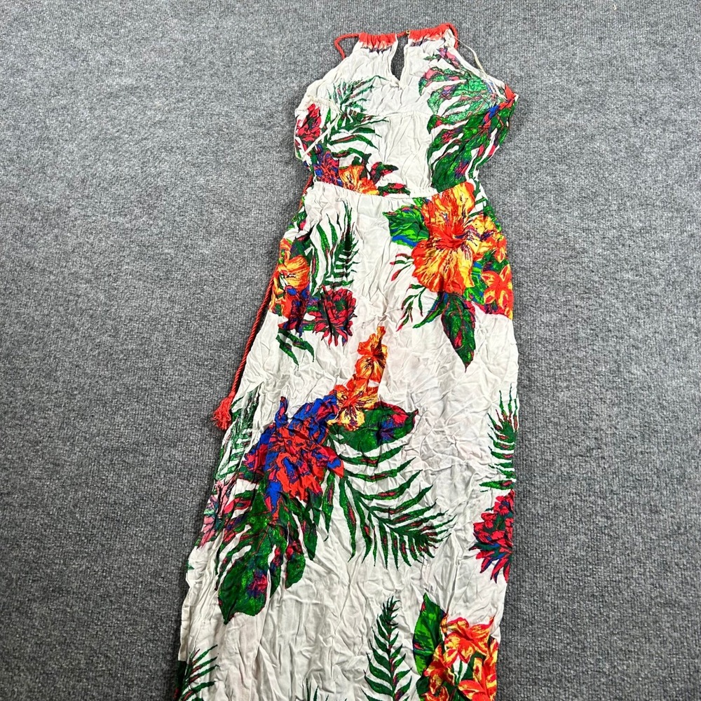 Free Market Dress Womens Size S White Tropical Floral Rayon Halter Maxi Tassel
